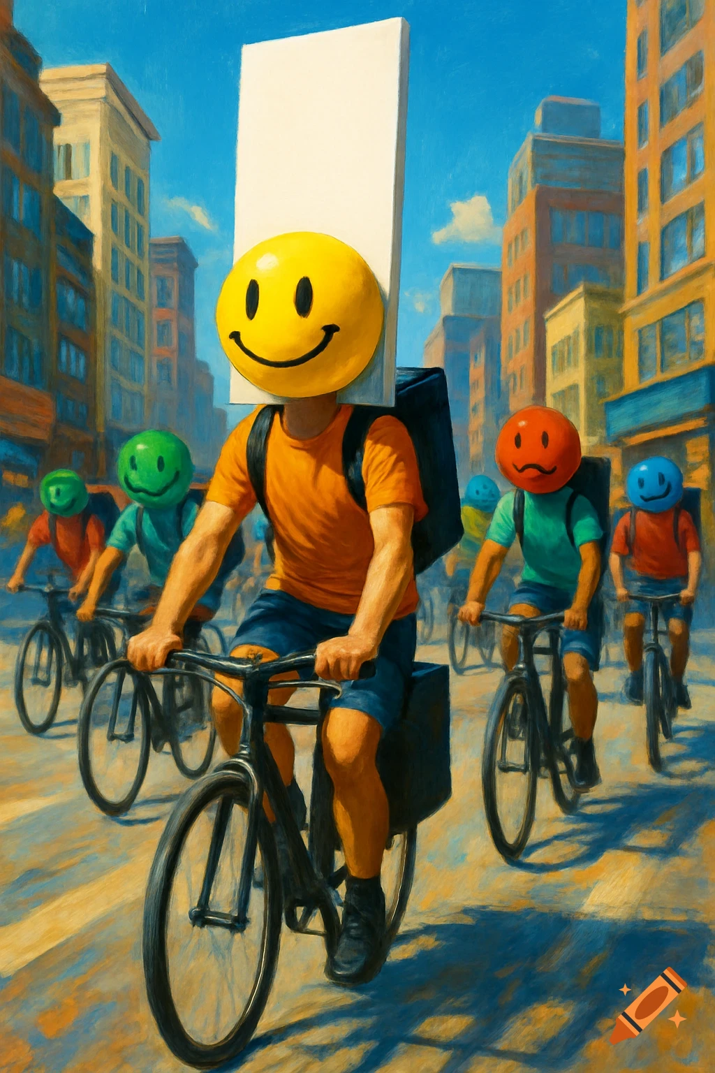 Vibrant painting of bicycle couriers with diverse smiley faces riding through a sunny city street.