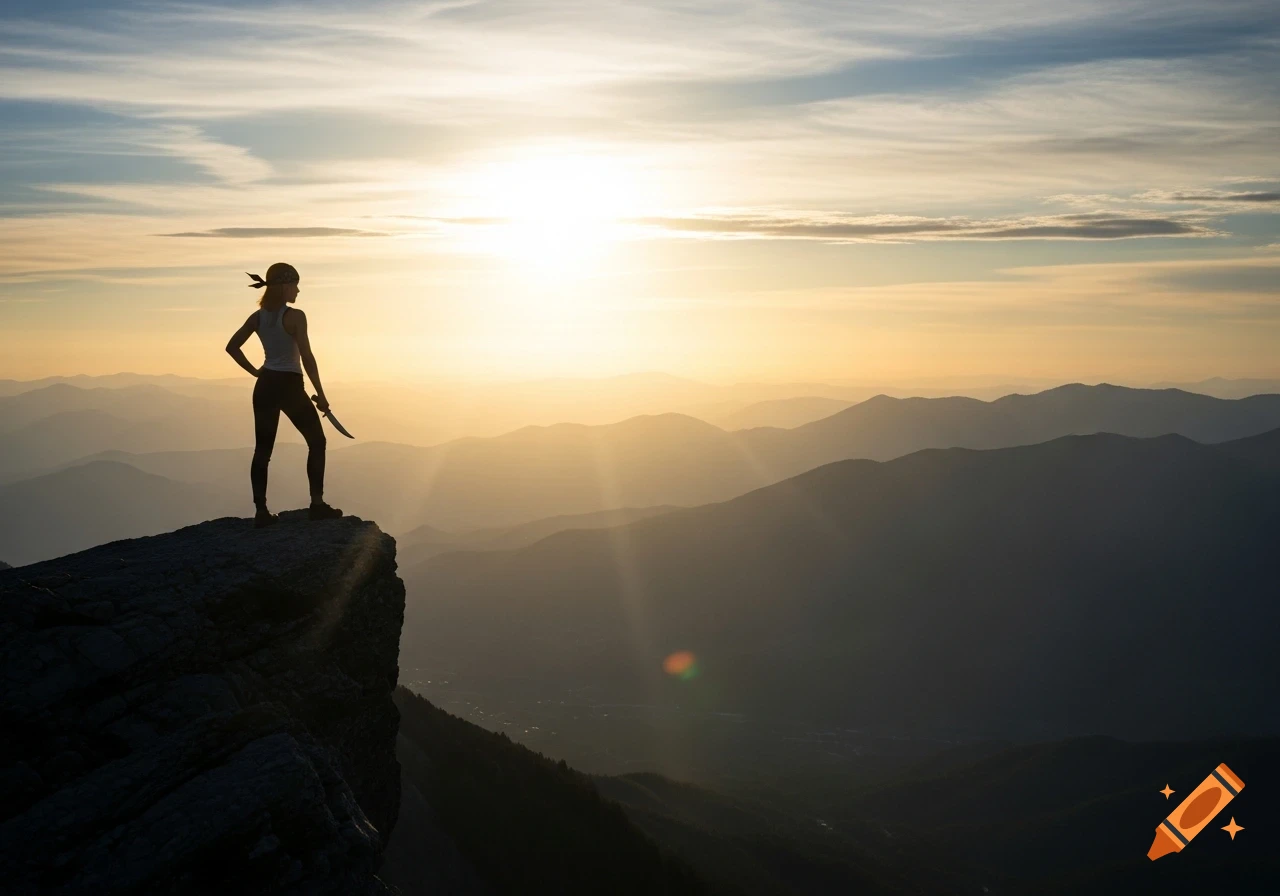 A silhouetted woman stands on a mountain cliff at sunrise, holding a knife, with layered mountains in the background.