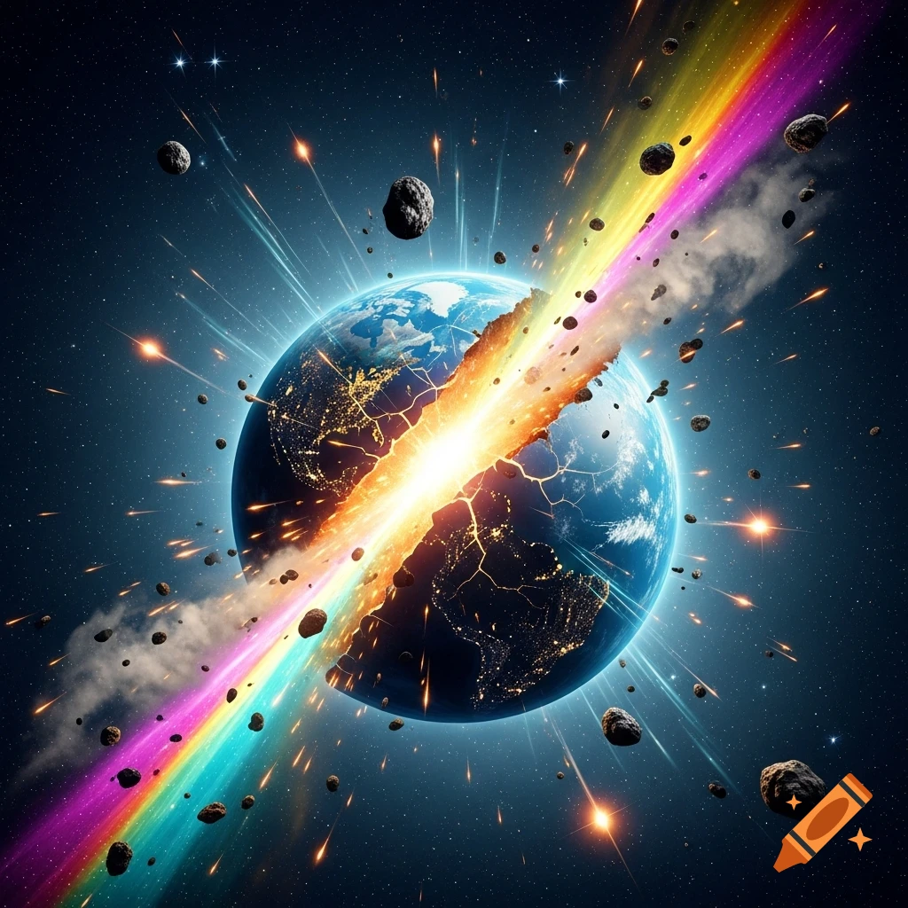 The Earth dramatically splitting apart in space with a bright, rainbow-colored energy beam and flying debris.