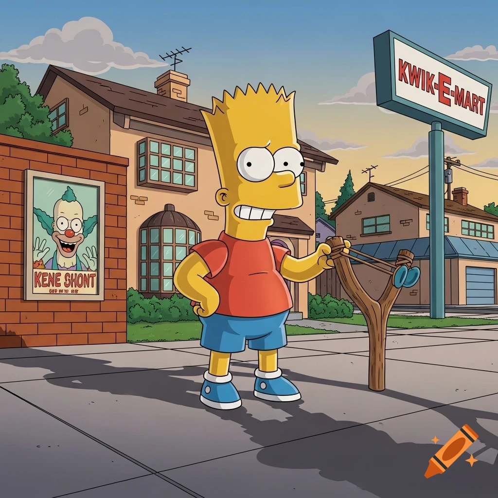 Cartoon Bart Simpson stands on a sidewalk, holding a large slingshot, with a Kwik-E-Mart sign and houses in the background.