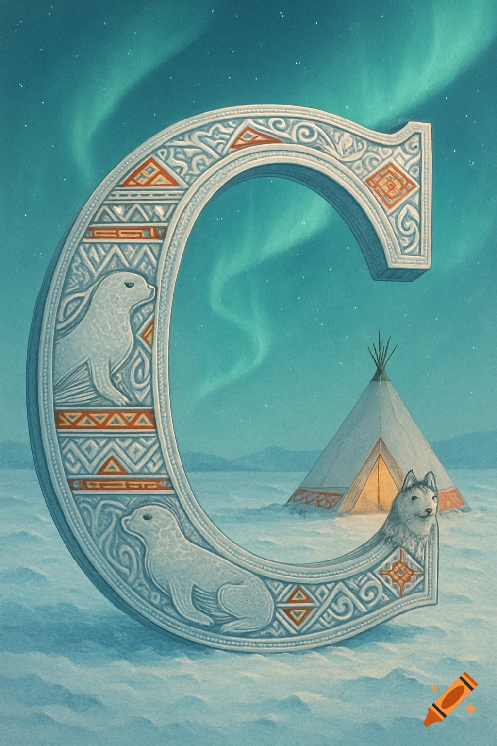 Ornate letter C with seals and patterns in a snowy arctic landscape, featuring a husky and tent under the northern lights. Illustration.