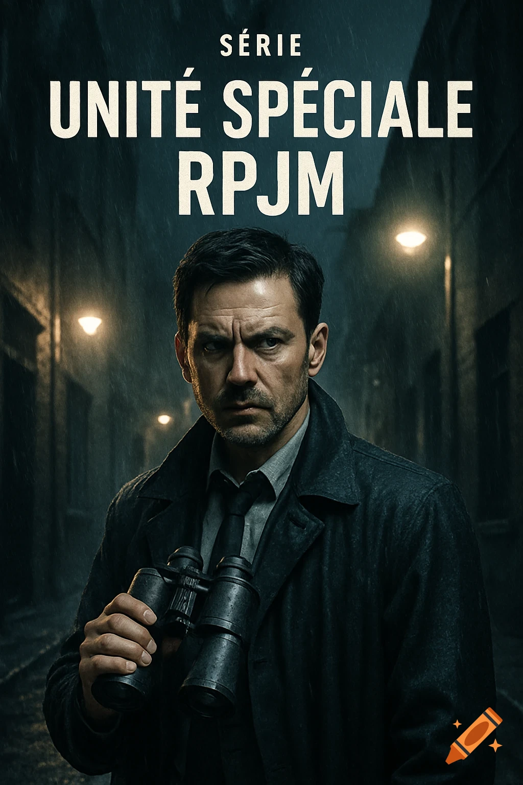 A serious man in a dark trench coat holds binoculars on a rainy city street at night. Text: S ÉRIE UNIT É SP ÉCIALE RPJM.
