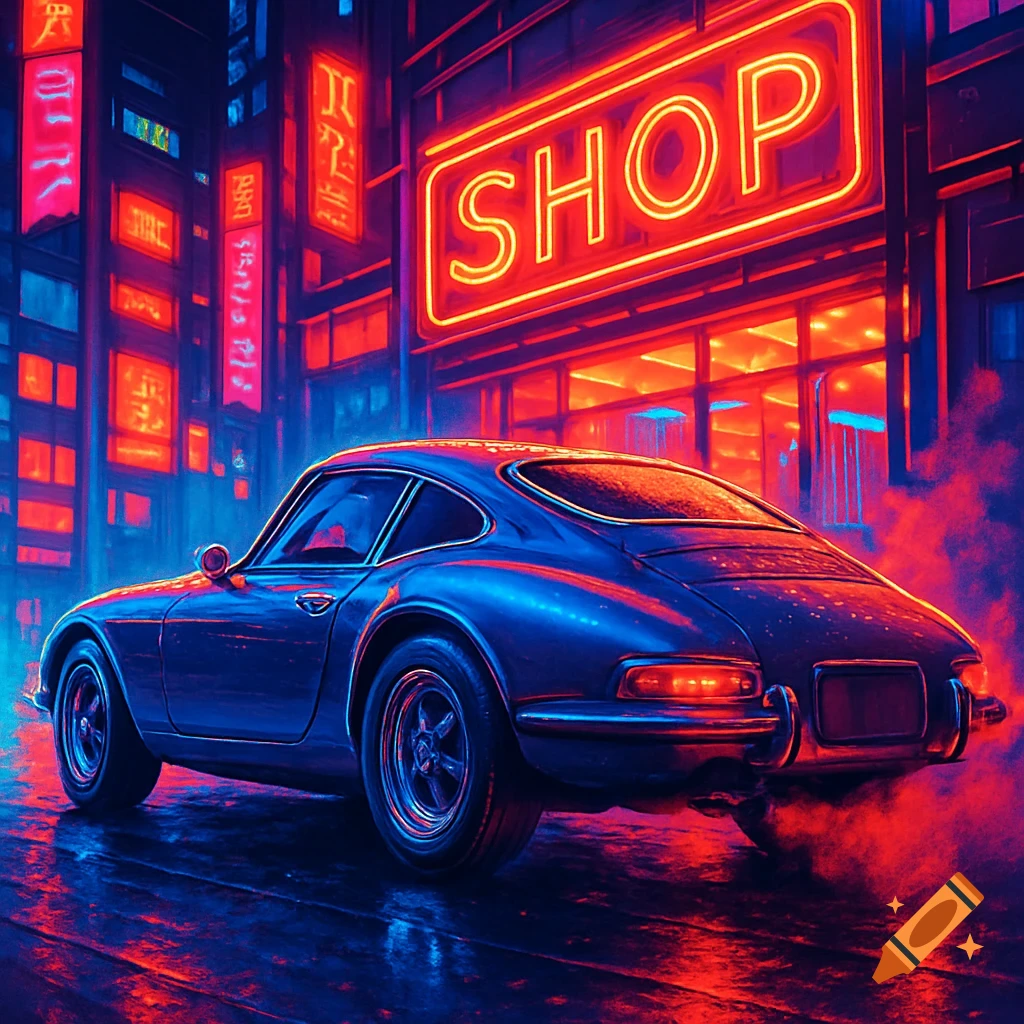 A classic blue car parked on a wet city street at night, illuminated by ...