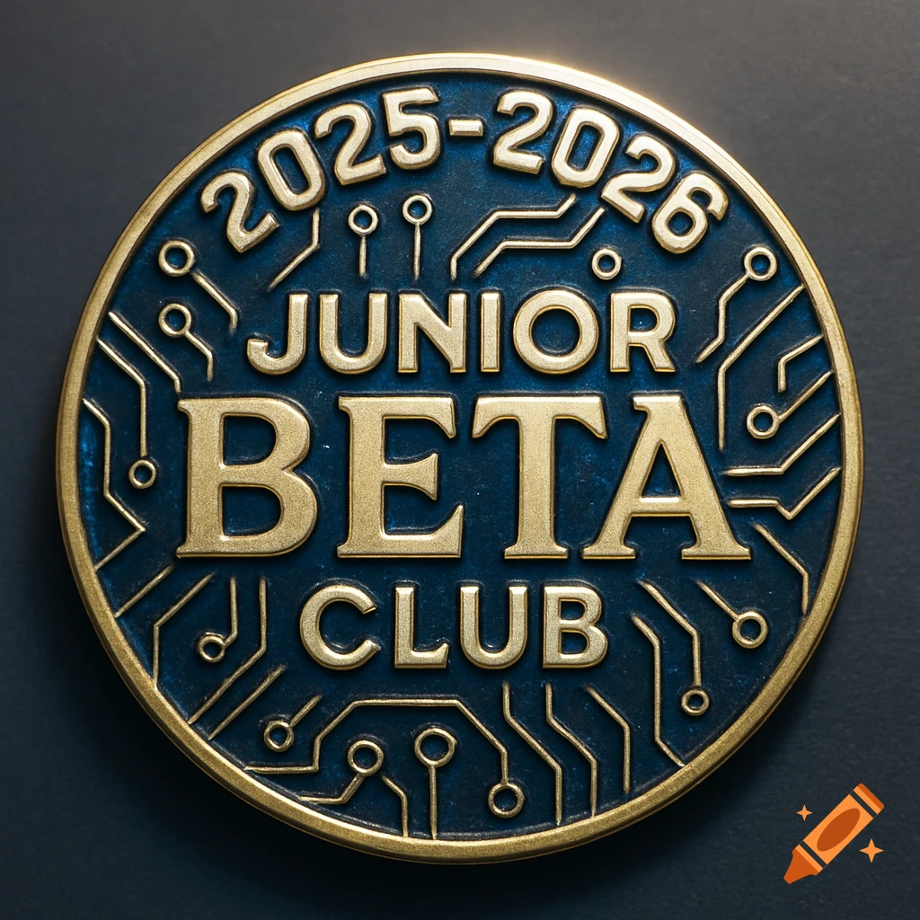 Gold and blue circular pin with '2025-2026 JUNIOR BETA CLUB' embossed in gold, surrounded by circuit board patterns.