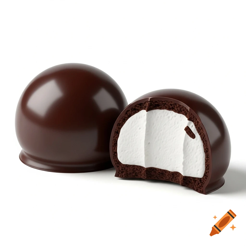 Photorealistic whole chocolate-covered marshmallow treat next to a bitten one, showing white filling, on a white background.