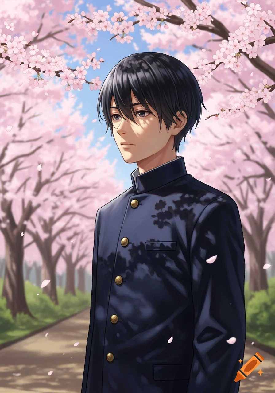 Anime-style Japanese schoolboy in a dark uniform standing under blooming pink cherry blossom trees.