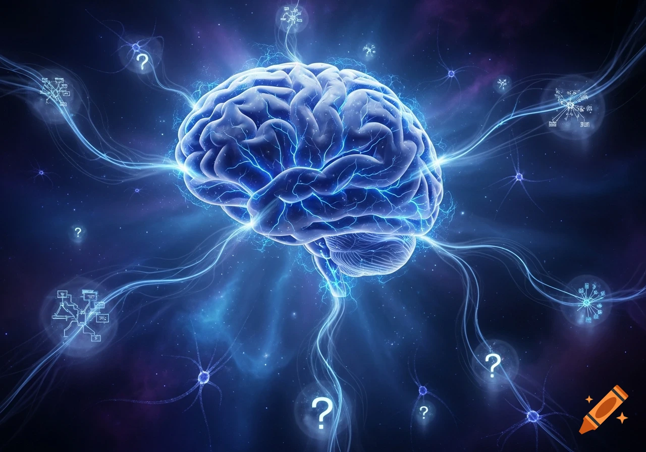 A glowing blue human brain with electric neural connections and question marks against a cosmic, dark blue background.