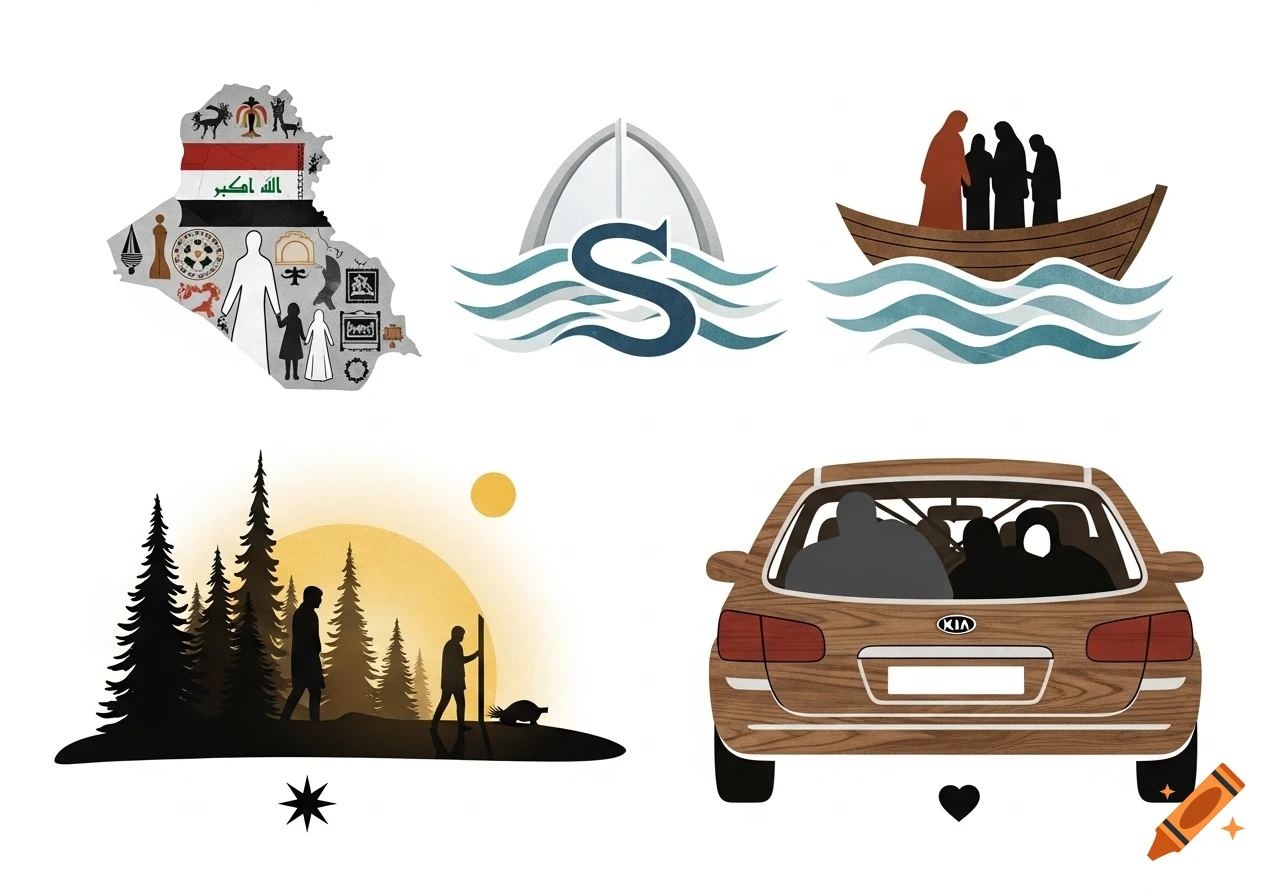 Stylized illustrations depicting a refugee journey: a map of Iraq with family, two boats on waves, people in a forest at sunset, and the back of a Kia car with a family inside.