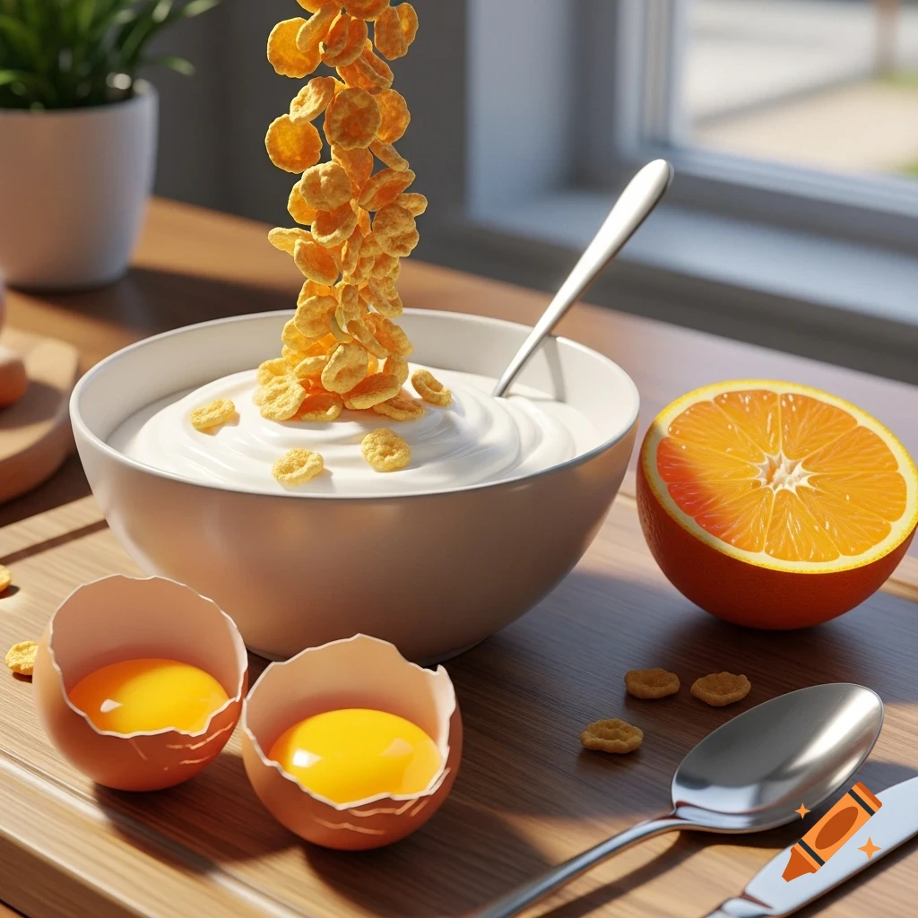 Photorealistic image of a bowl of yogurt with cereal falling into it, next to a sliced orange and two cracked eggs on a wooden table.