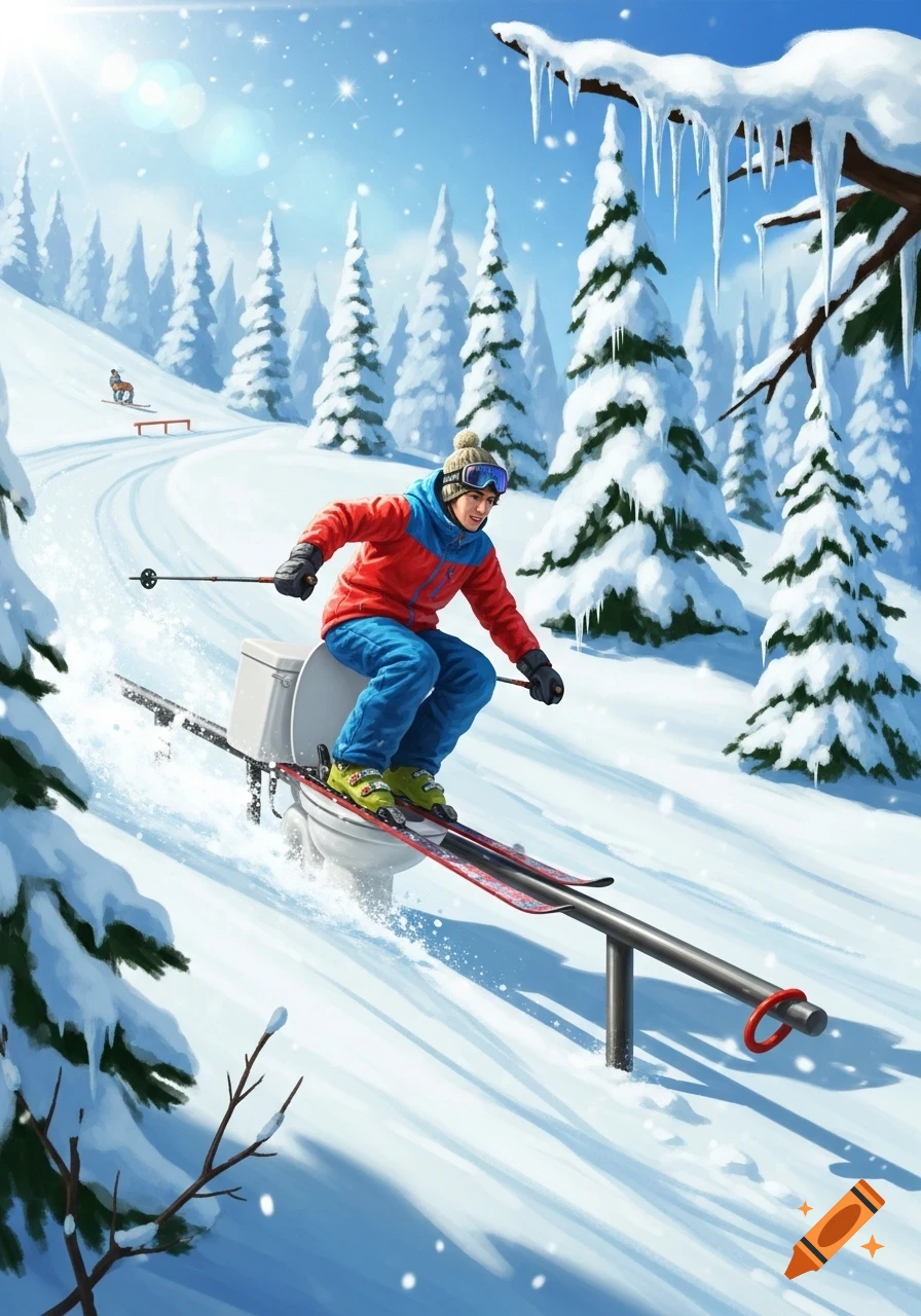 An illustrated skier balances on a white toilet, rail sliding down a snowy mountain with evergreen trees.