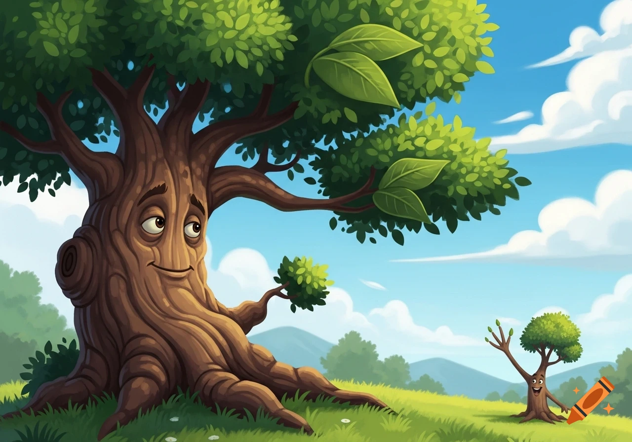 A large cartoon tree with a smiling face twists to look back at a smaller, waving cartoon tree in a vibrant green landscape under a blue sky.