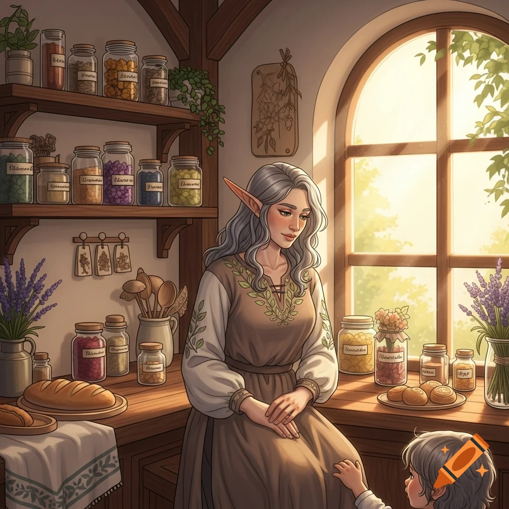An elf mother with long gray hair in a brown dress sits on a wooden kitchen counter, looking down at a child reaching for her. Jars of spices and loaves of bread are on shelves and counters by a sunlit window.