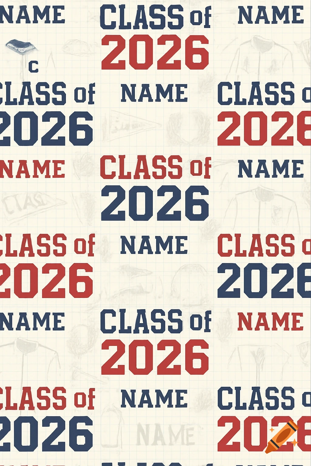 A repeating pattern with "CLASS of 2026" in red and blue varsity style, interspersed with "NAME" placeholders, over faint school-themed sketches on a grid background.