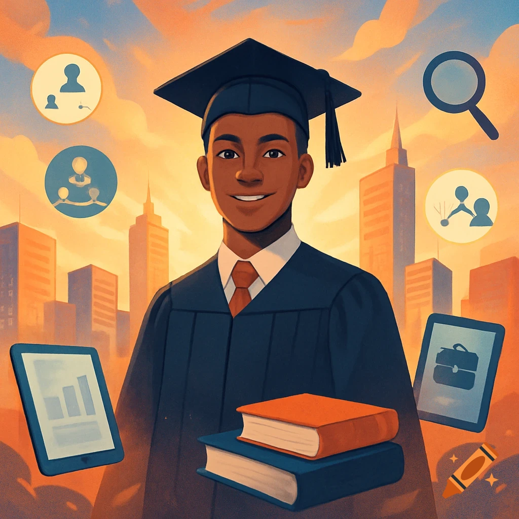 A young man in a graduation cap and gown smiles, surrounded by floating educational and career icons and city buildings, in an illustrative style.