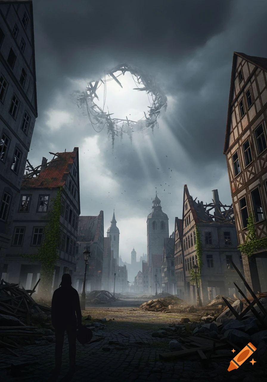 A ruined city street under dark clouds, with a mysterious glowing ring in the sky and a silhouetted figure standing amidst rubble.