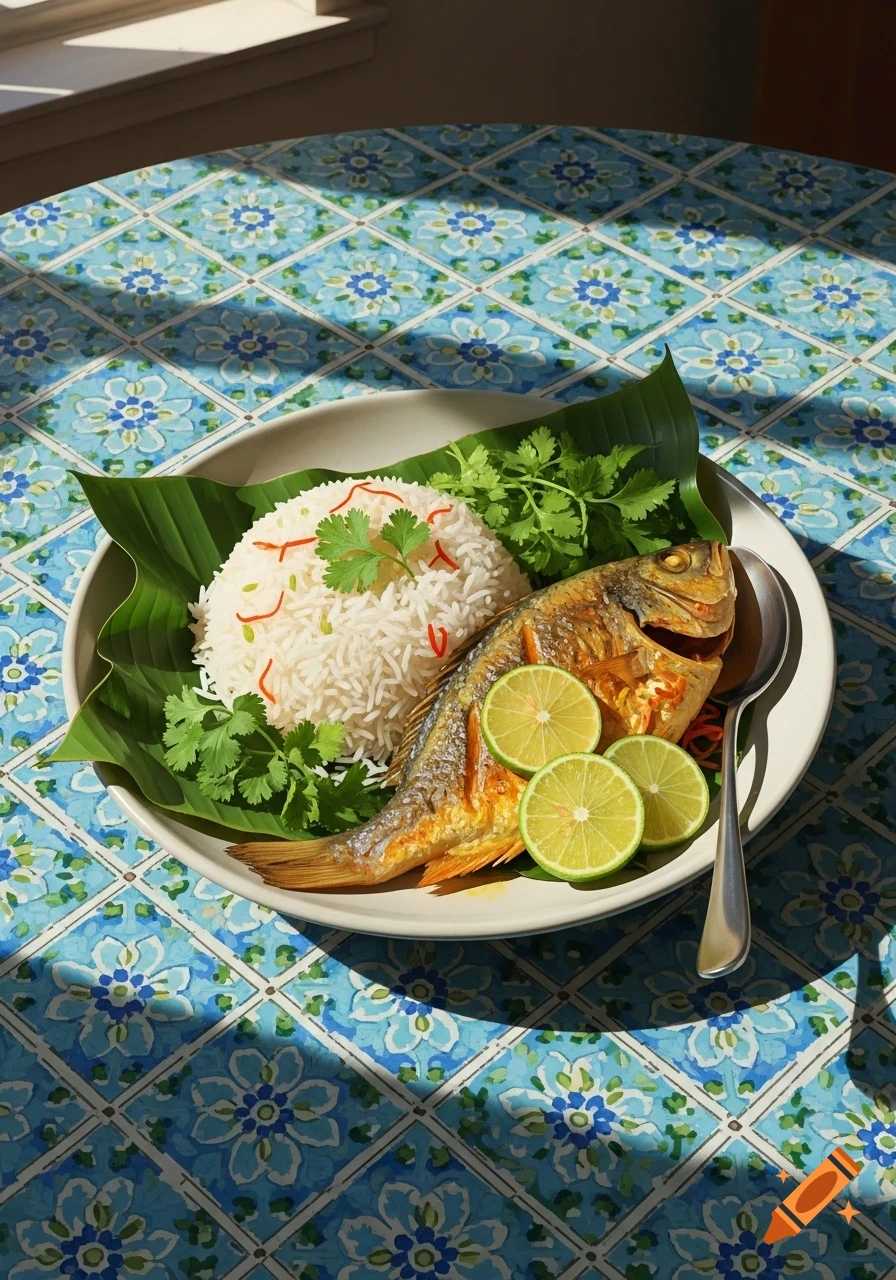 A plate of golden-fried fish with white rice, fresh limes, and green herbs on a blue patterned tablecloth.