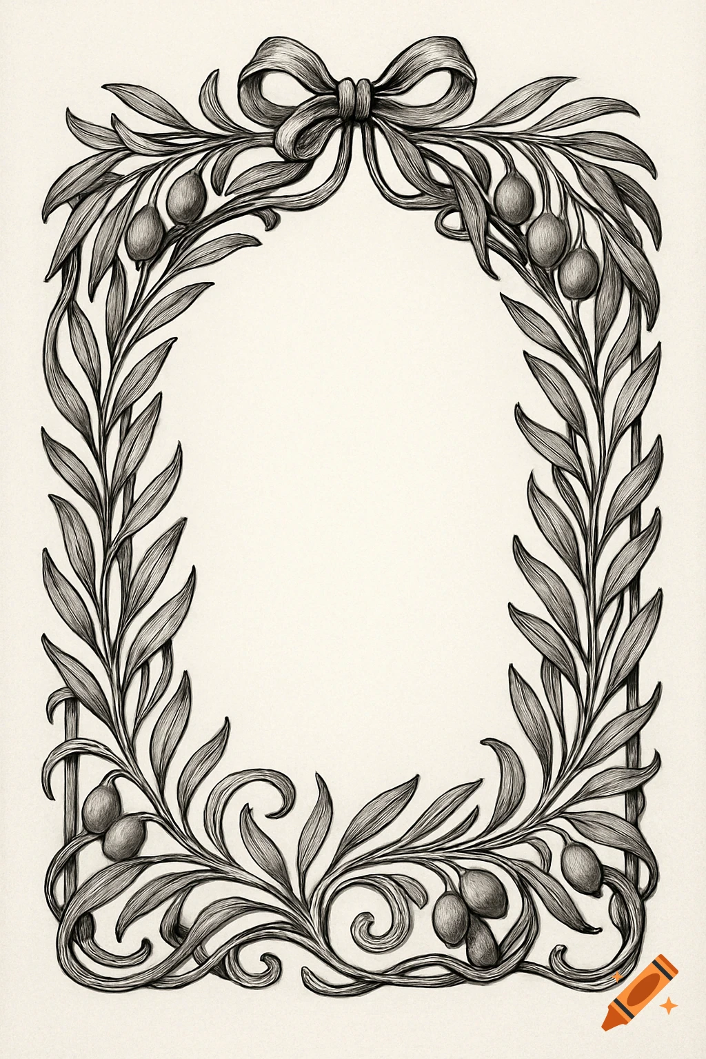 A monochrome Art Nouveau decorative frame with olive branches and berries, adorned with a ribbon bow at the top, around a blank oval area.