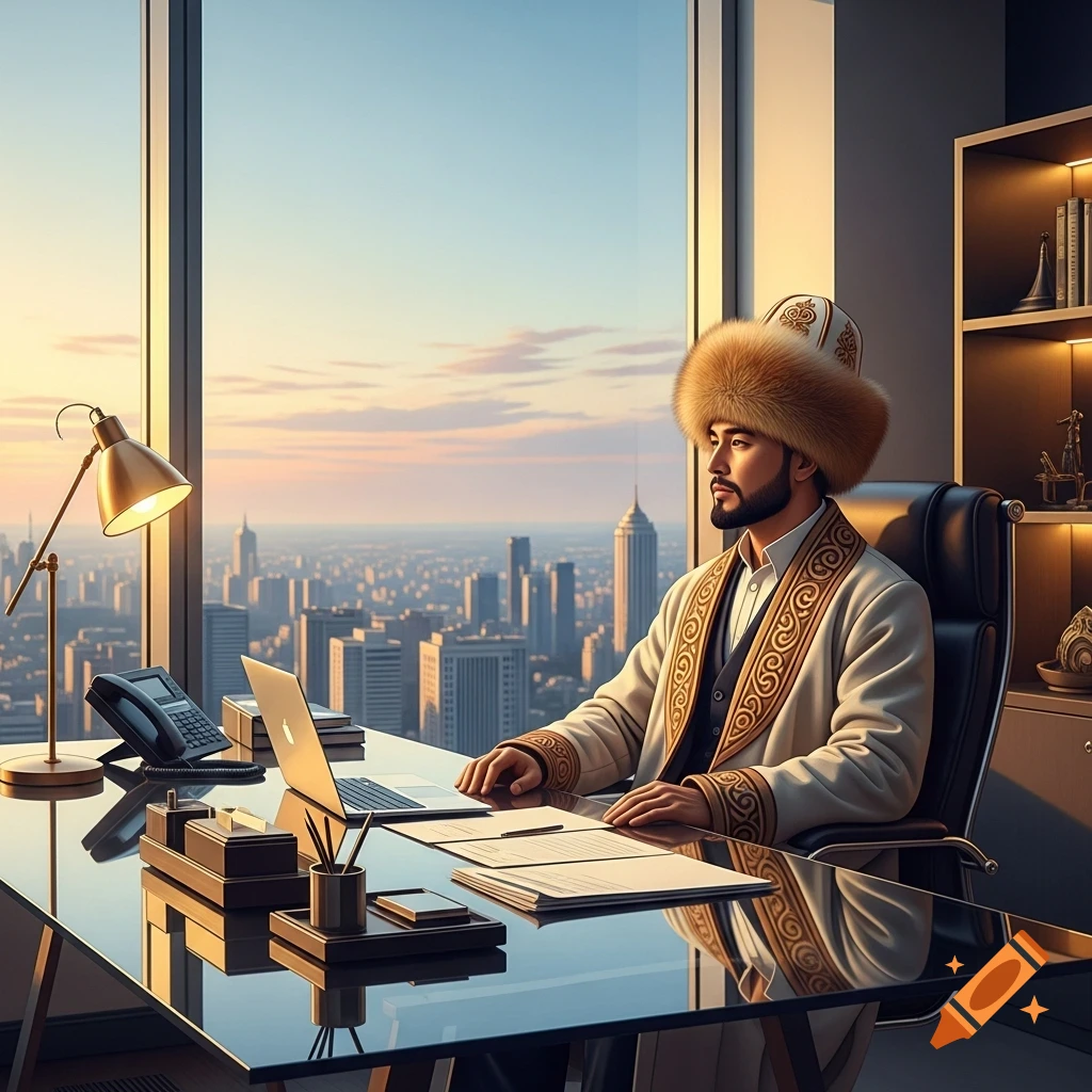 A man in traditional Kazakh attire and a fur hat sits at a modern desk in a high-rise office, gazing at a city skyline at sunset. A laptop and lamp are on the reflective desk.