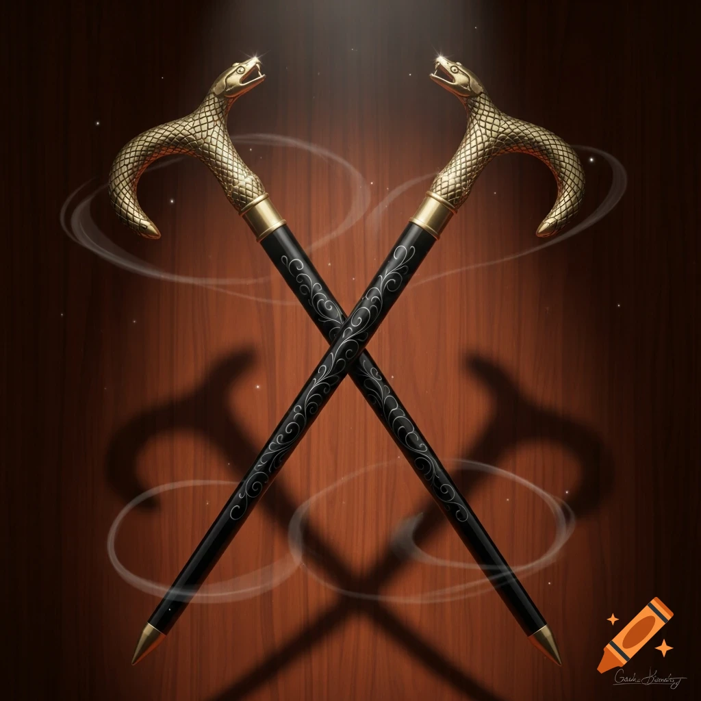 Two ornate walking canes with golden snake-head handles crossed over a polished wooden surface.