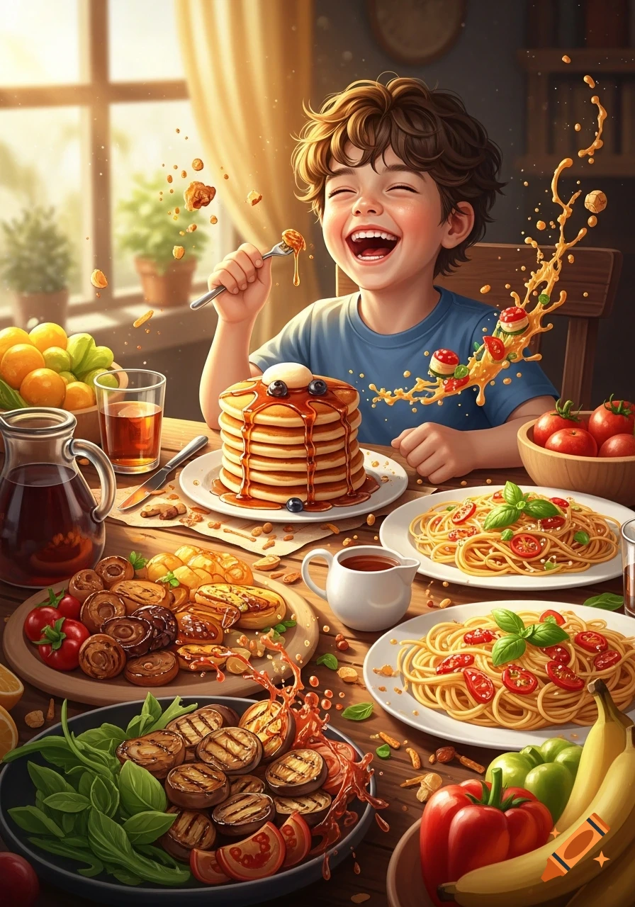 A vibrant illustration of a happy boy with curly hair eating a feast of pancakes, pasta, and other dishes at a sunlit table.