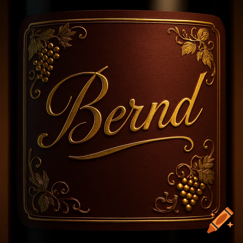 A dark red wine bottle label with the name 'Bernd' in elegant gold script, adorned with gold grape clusters and filigree.