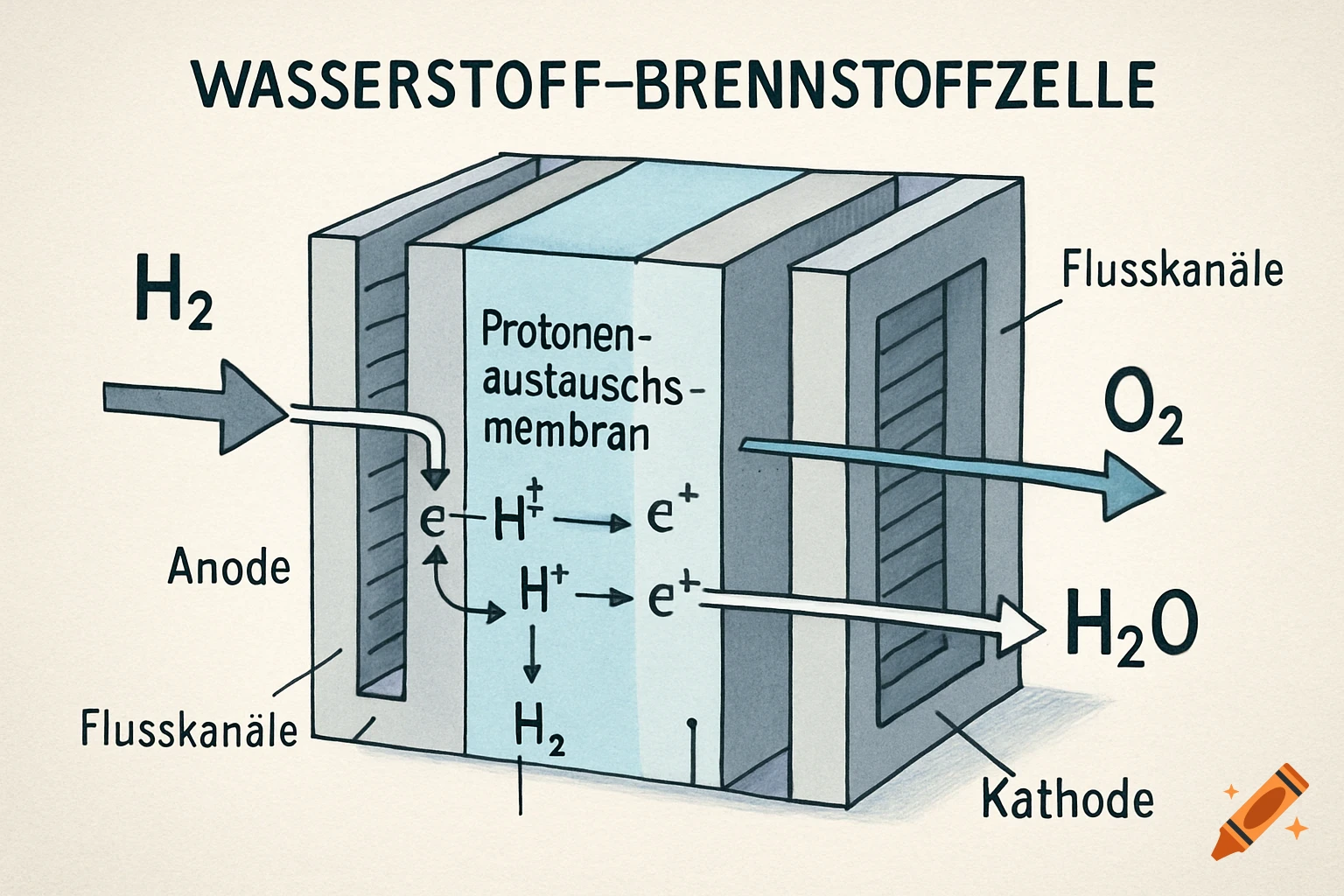 A hand-drawn diagram illustrating the components and process of a hydrogen fuel cell, labeled in German.