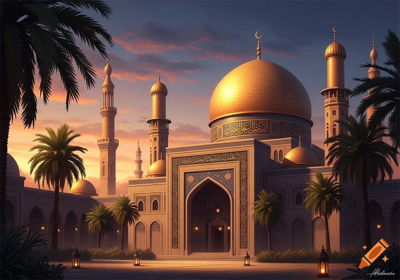 A grand mosque with a golden dome and multiple minarets stands against a vibrant sunset sky, framed by silhouetted palm trees.