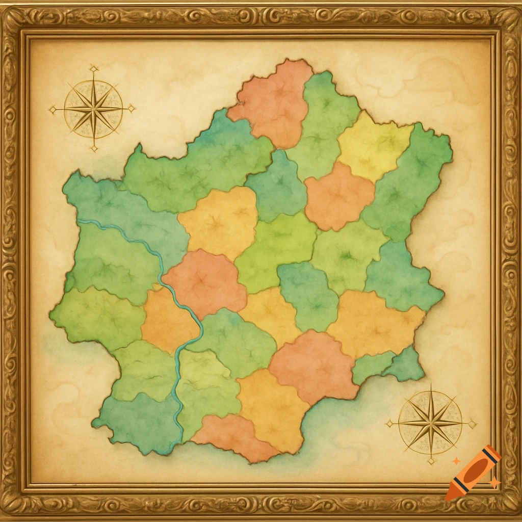 A colorful, old-style map of a country divided into regions, with a river and compass roses, framed in gold.