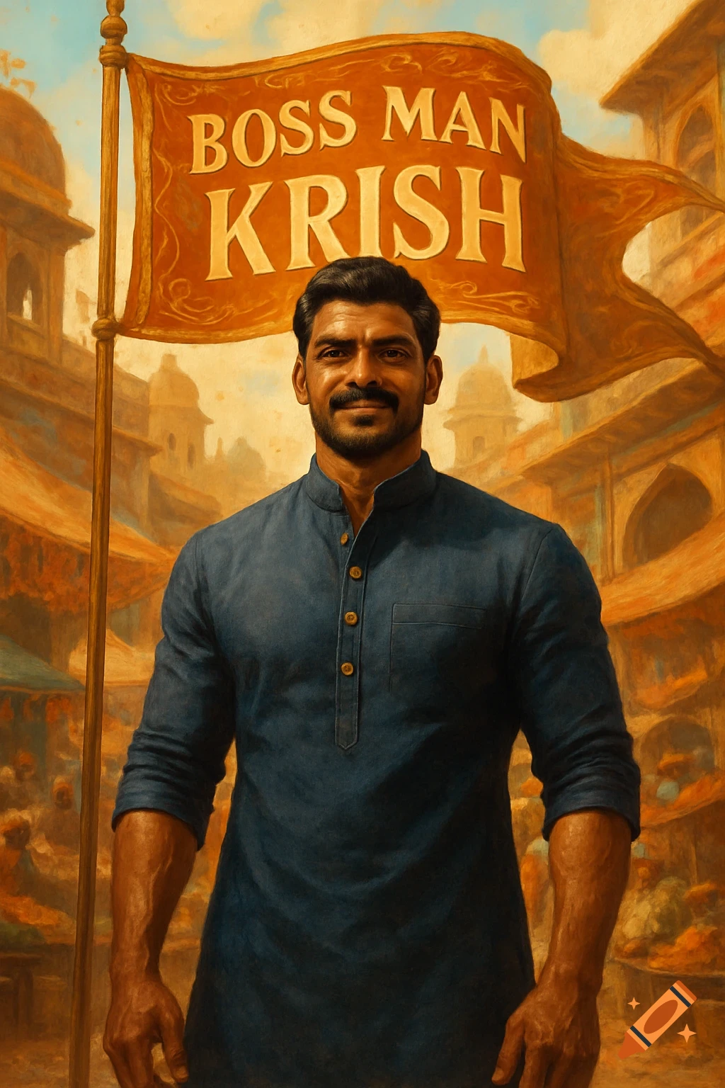 Painting of an Indian man in a blue kurta, with a 'BOSS MAN KRISH' flag, in a bustling market background.