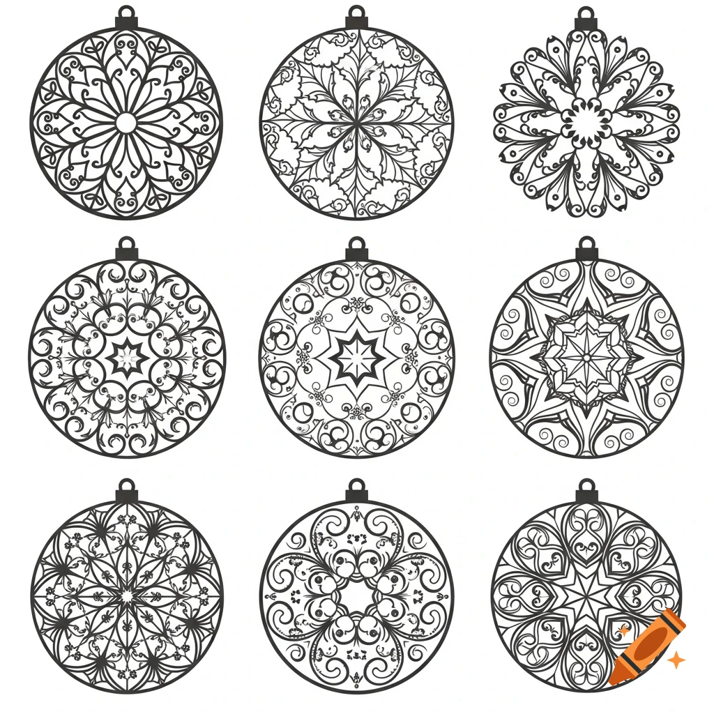 Nine black and white intricate circular Christmas ornament designs with filigree patterns, suitable for laser cutting.