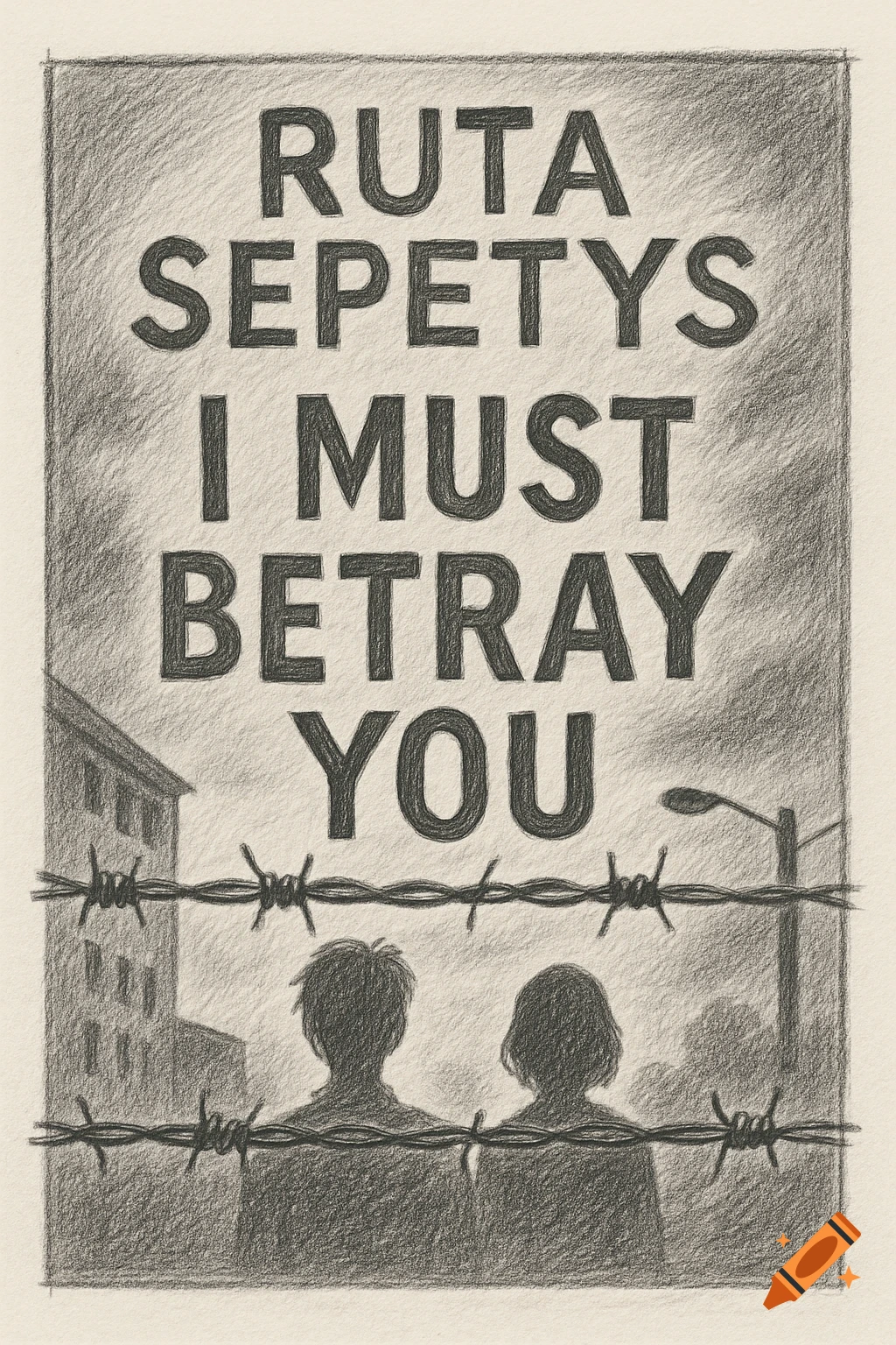A pencil drawing book cover titled 'Ruta Sepetys I Must Betray You,' depicting two silhouetted figures behind barbed wire.