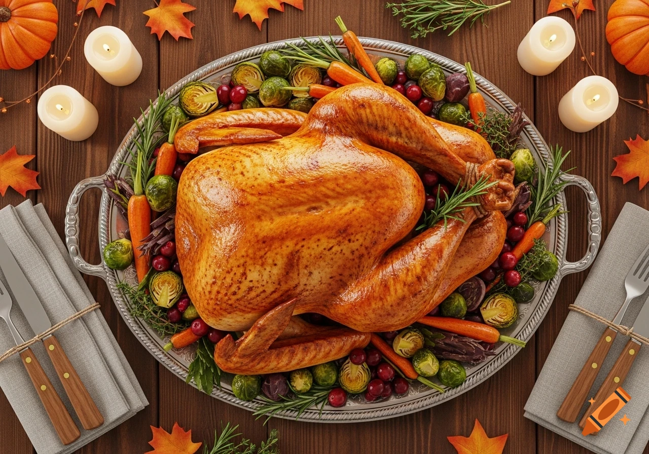 A fully cooked roasted Thanksgiving turkey on a silver platter, garnished with Brussels sprouts, carrots, cranberries, and rosemary, surrounded by autumn leaves and lit candles on a wooden table.