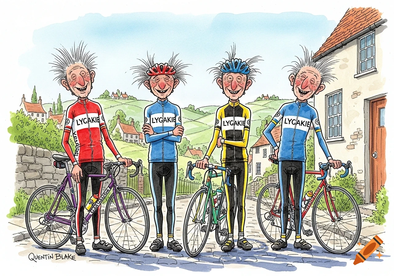 Humorous Quentin Blake style illustration of four old men with spiky hair in colorful cycling jerseys and helmets, standing with their racing bikes on a village street.