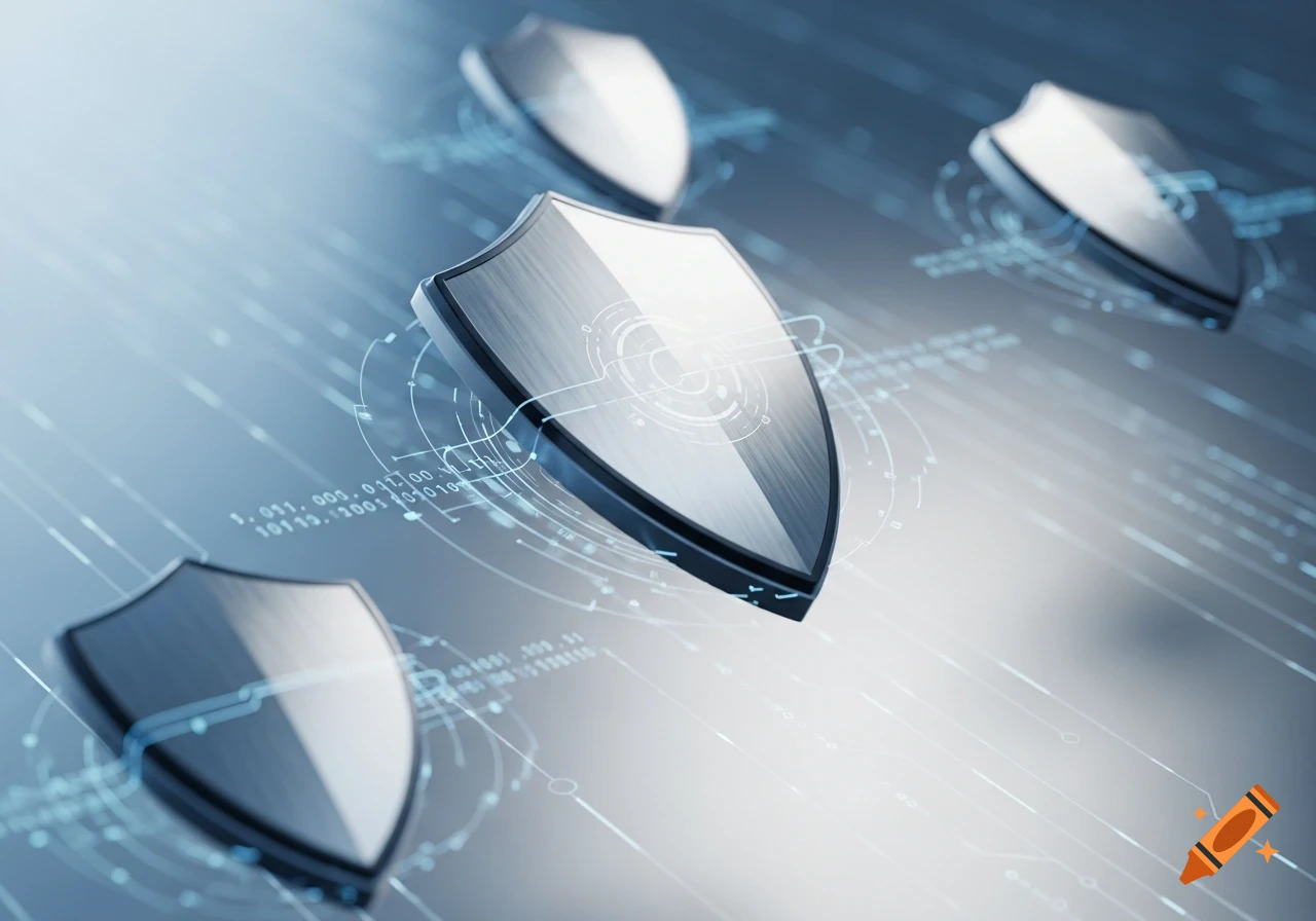 Multiple metallic shields float amidst glowing data streams on a futuristic grey-blue background, representing digital security.