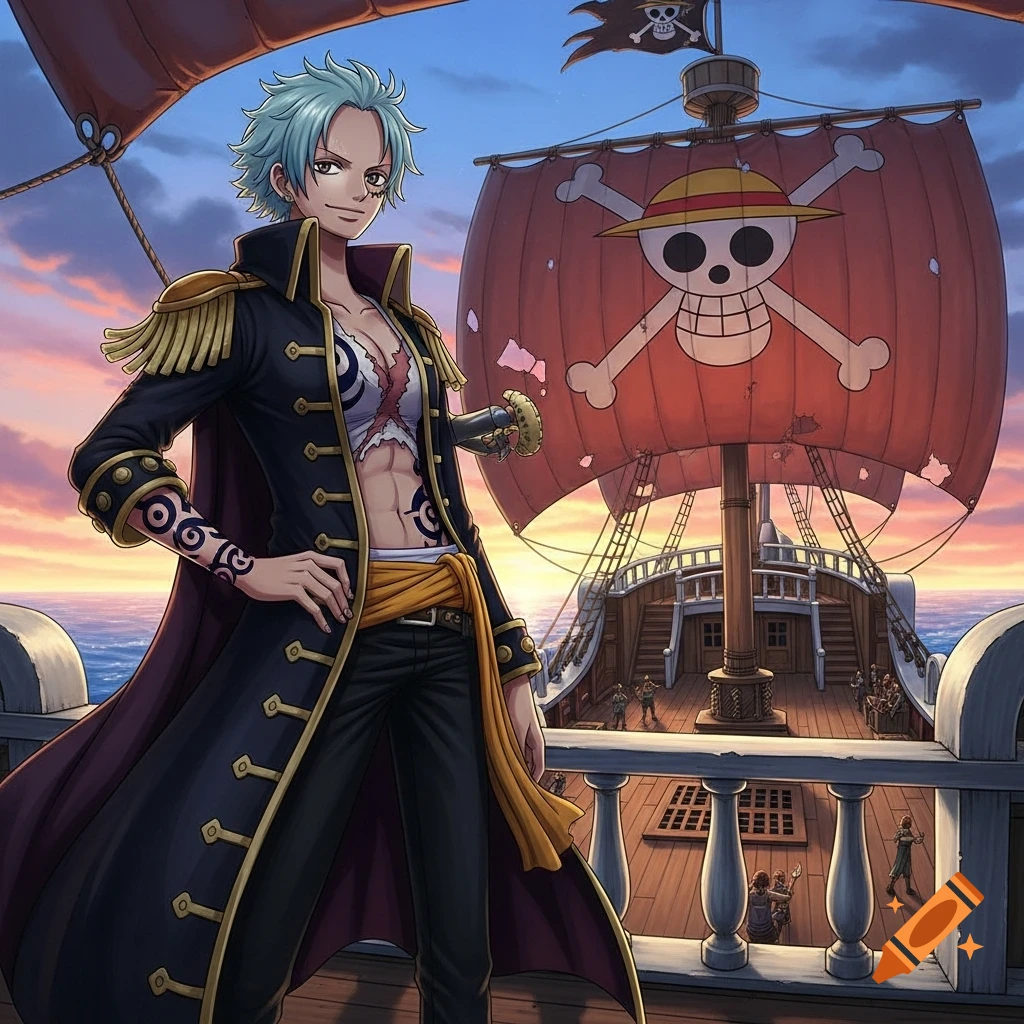 An anime character with blue hair and an open black coat stands on a pirate ship with skull and crossbones flags, at sunset.