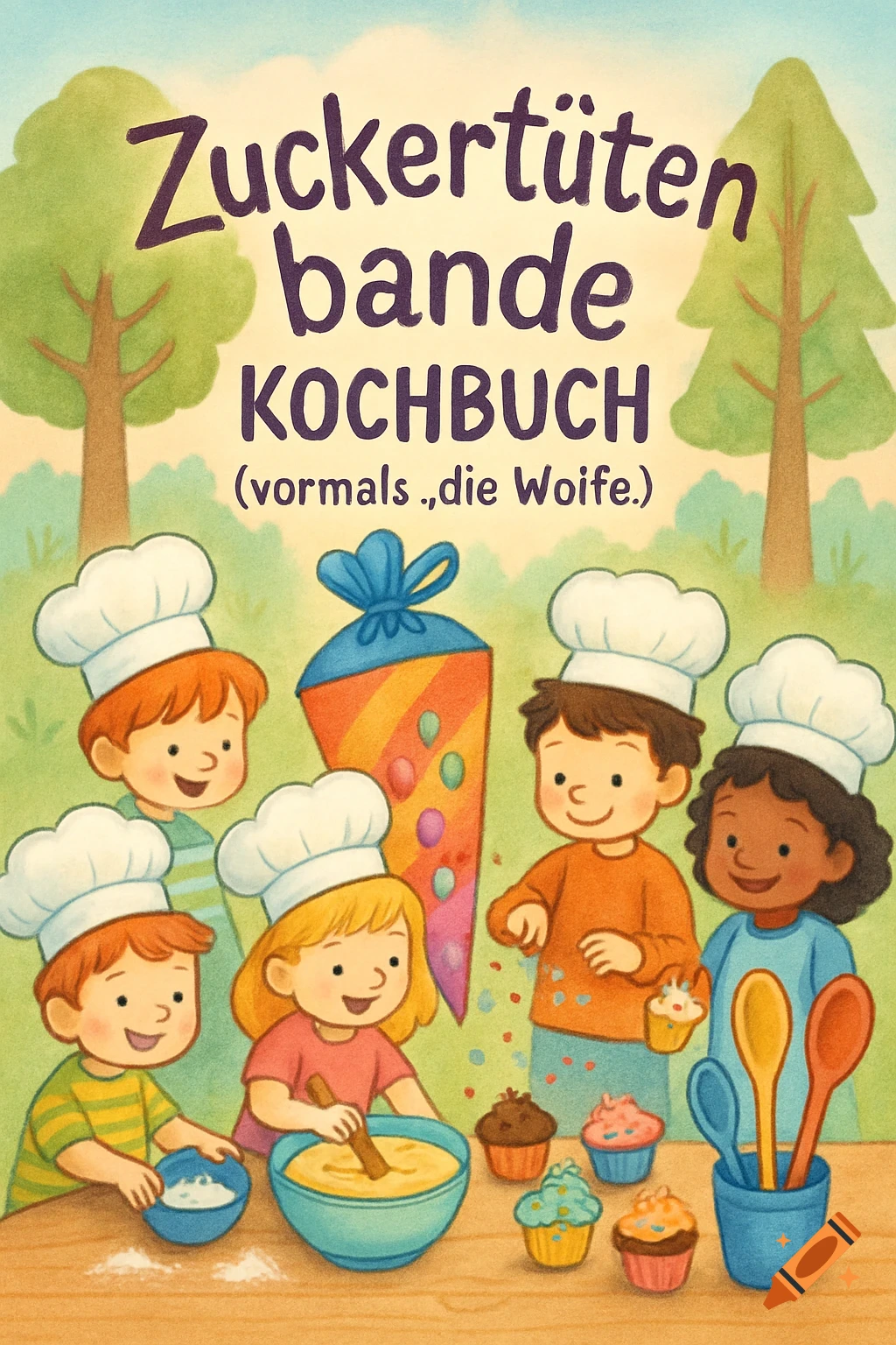 Cartoon illustration of diverse children in chef hats baking cupcakes. A book cover title reads 'Zuckertütenbande Kochbuch'.