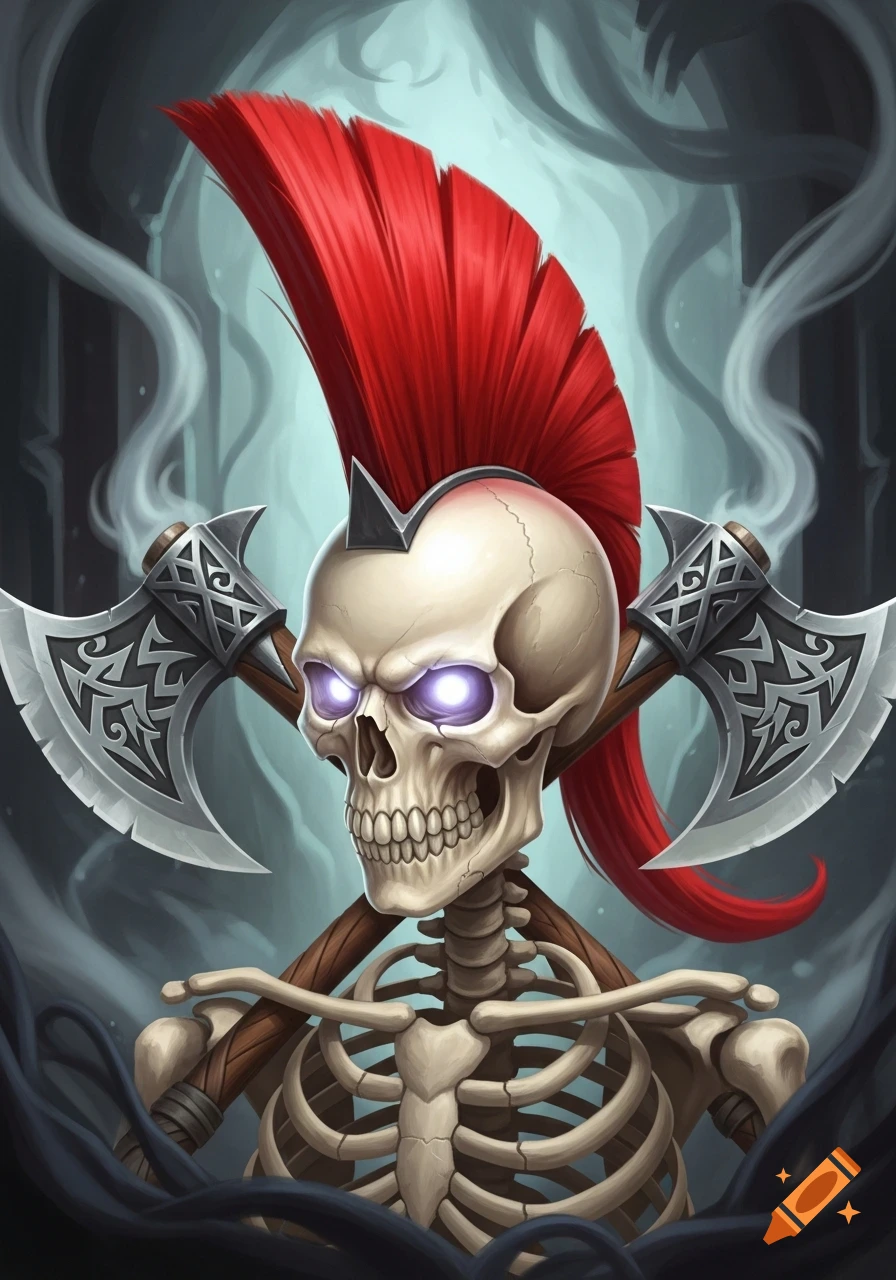 A stylized skeleton with glowing purple eyes and a red mohawk, holding two crossed axes, against a dark, smoky background.