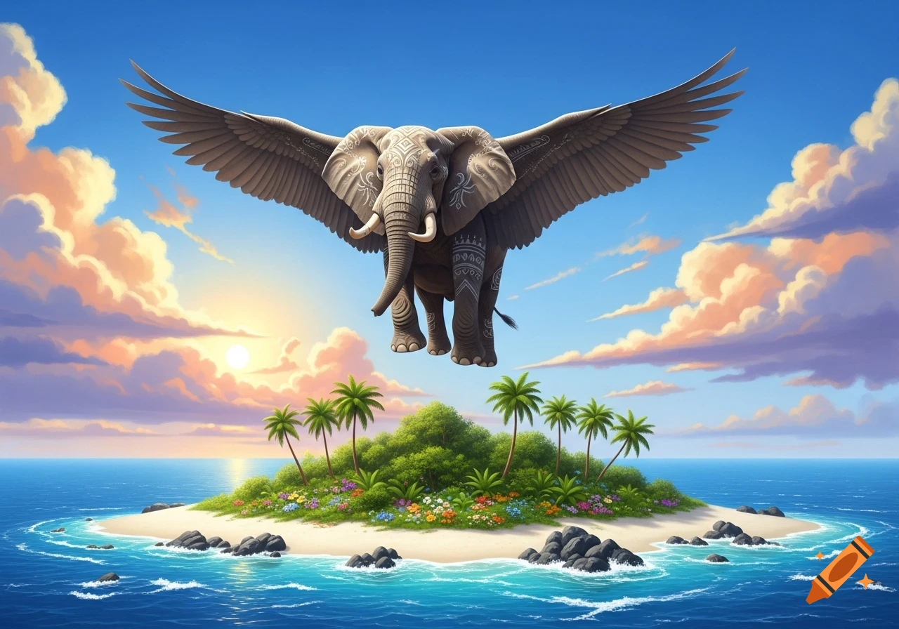 A majestic winged elephant flies over a tropical island with palm trees and flowers in a blue ocean at sunset, in an illustration.