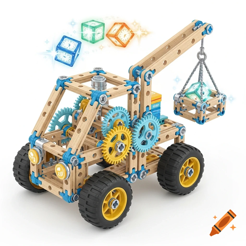 A colorful STEM construction toy with gears, a crane lifting a basket, and glowing clock-faced blocks.