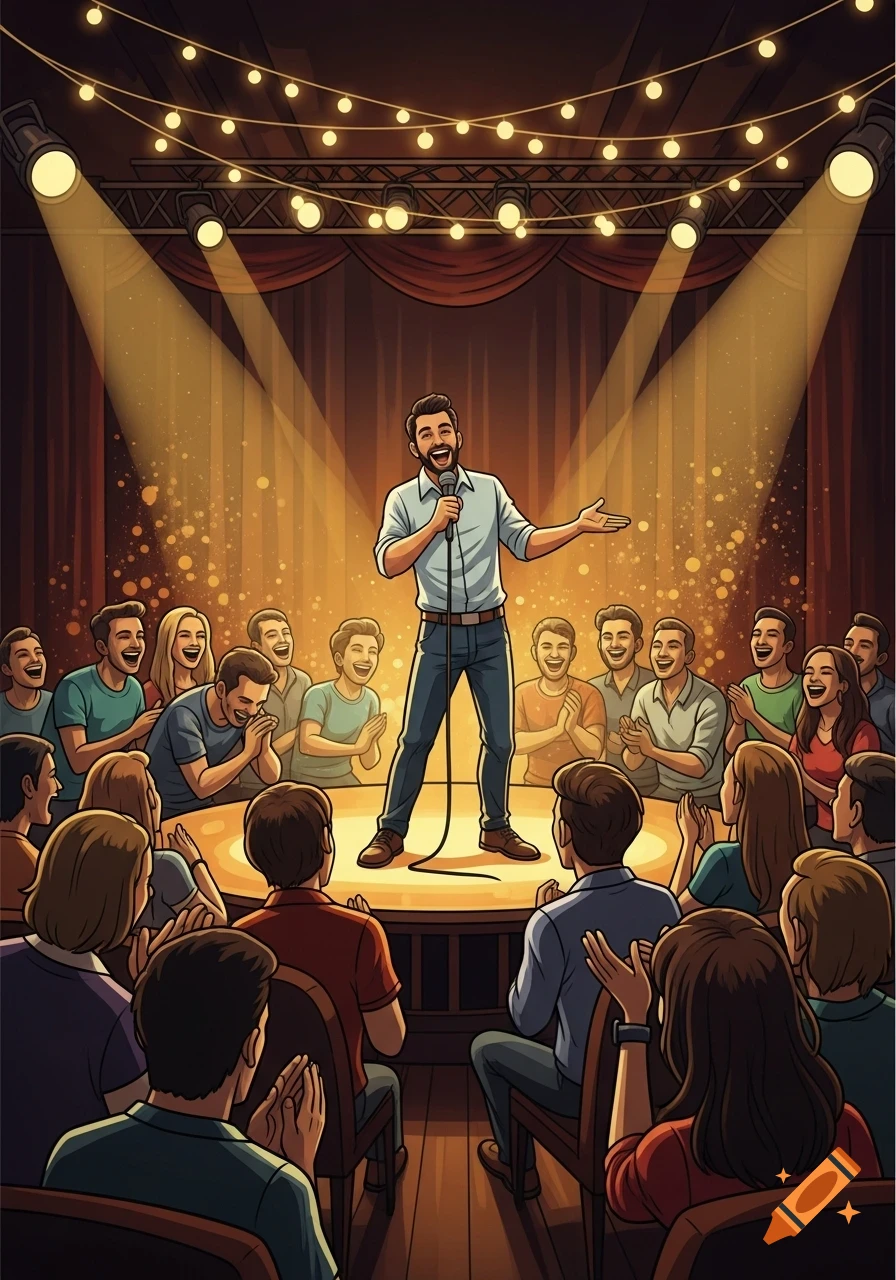 A cartoonish illustration of a male stand-up comedian performing on stage under spotlights, entertaining a laughing and clapping audience.