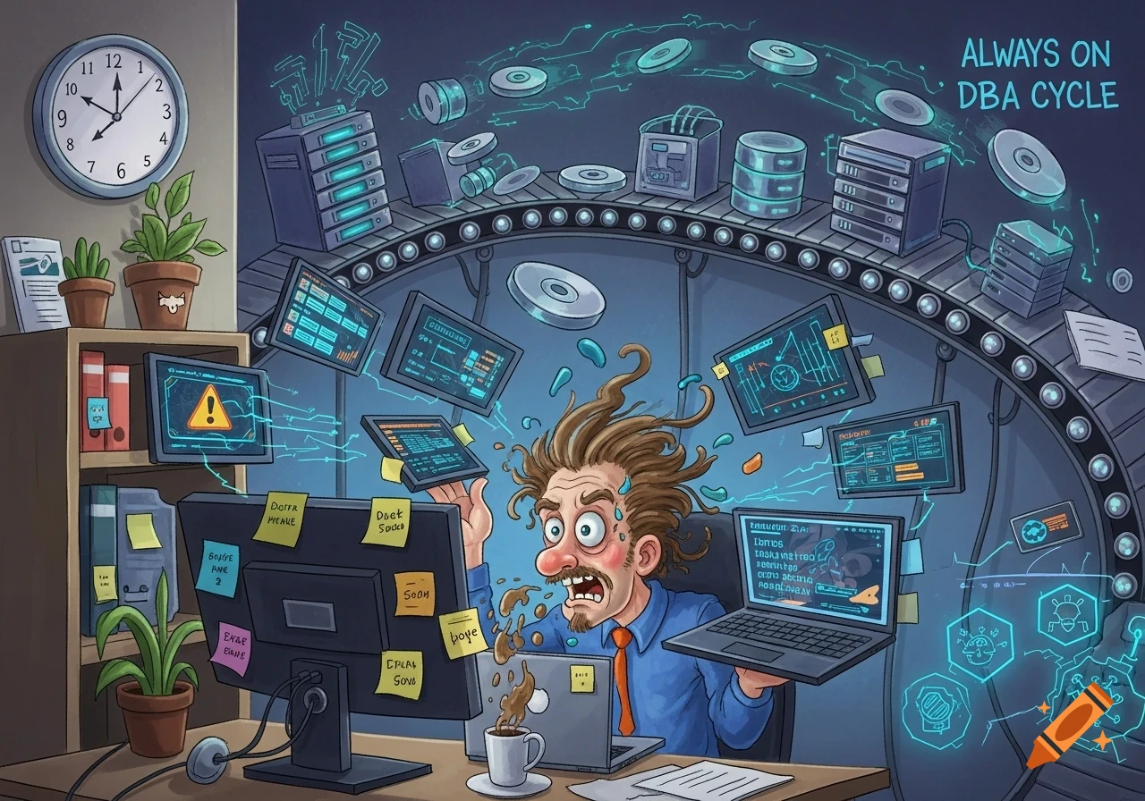 A cartoon illustration of a highly stressed man, a data migration specialist, at a desk surrounded by multiple computer screens, laptops, and servers on a conveyor belt, with coffee spilling and sticky notes attached to the main monitor.