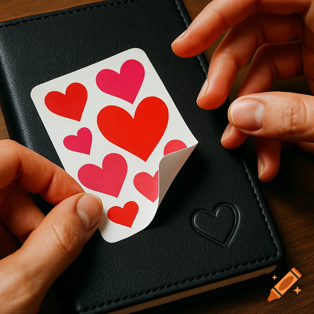 Hands peeling a sheet of red and pink heart stickers from a black notebook with an embossed heart, photorealistic.