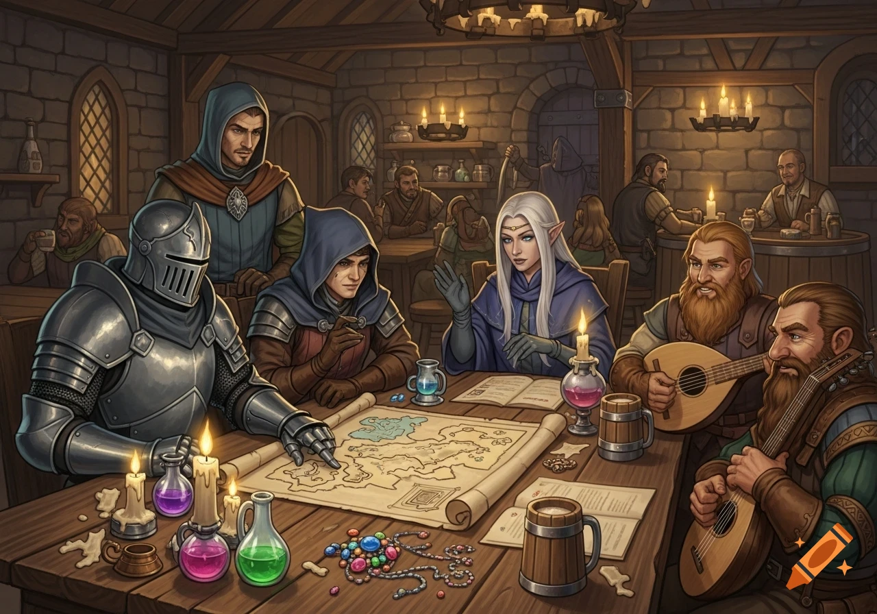 A group of diverse fantasy characters, including a knight, an elf, and dwarves, gather around a table with a map in a cozy tavern.