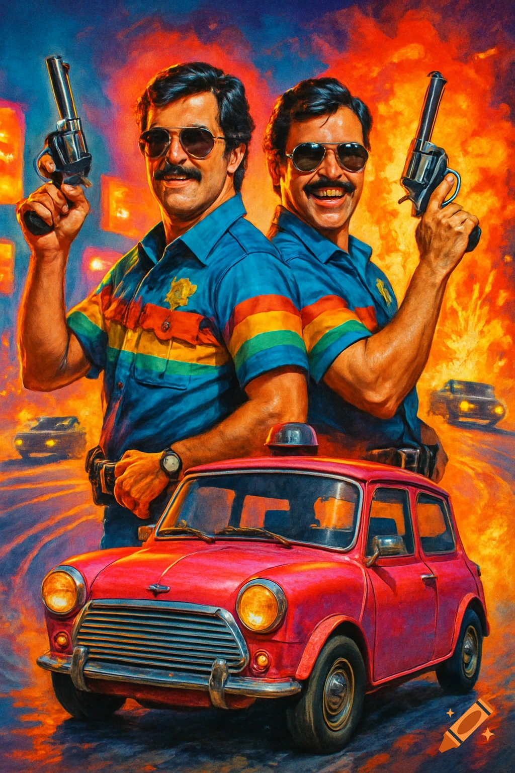 A painted 80s action-comedy movie poster featuring two mustachioed policemen in rainbow uniforms holding guns in front of a pink Mini, with explosions and car chases in the background.