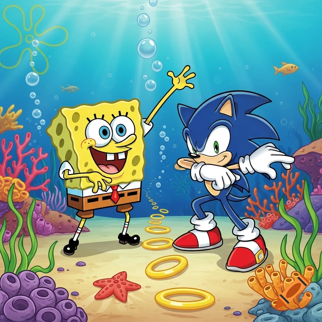 Spongebob Squarepants and Sonic the Hedgehog interact underwater among coral and golden rings in a vibrant cartoon style.