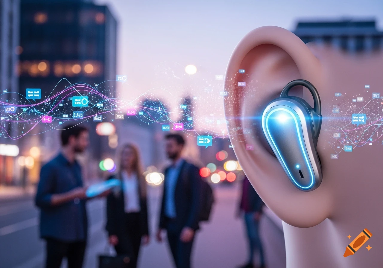 A futuristic earbud in an ear, emitting glowing data streams and icons, with blurred city people in the background.