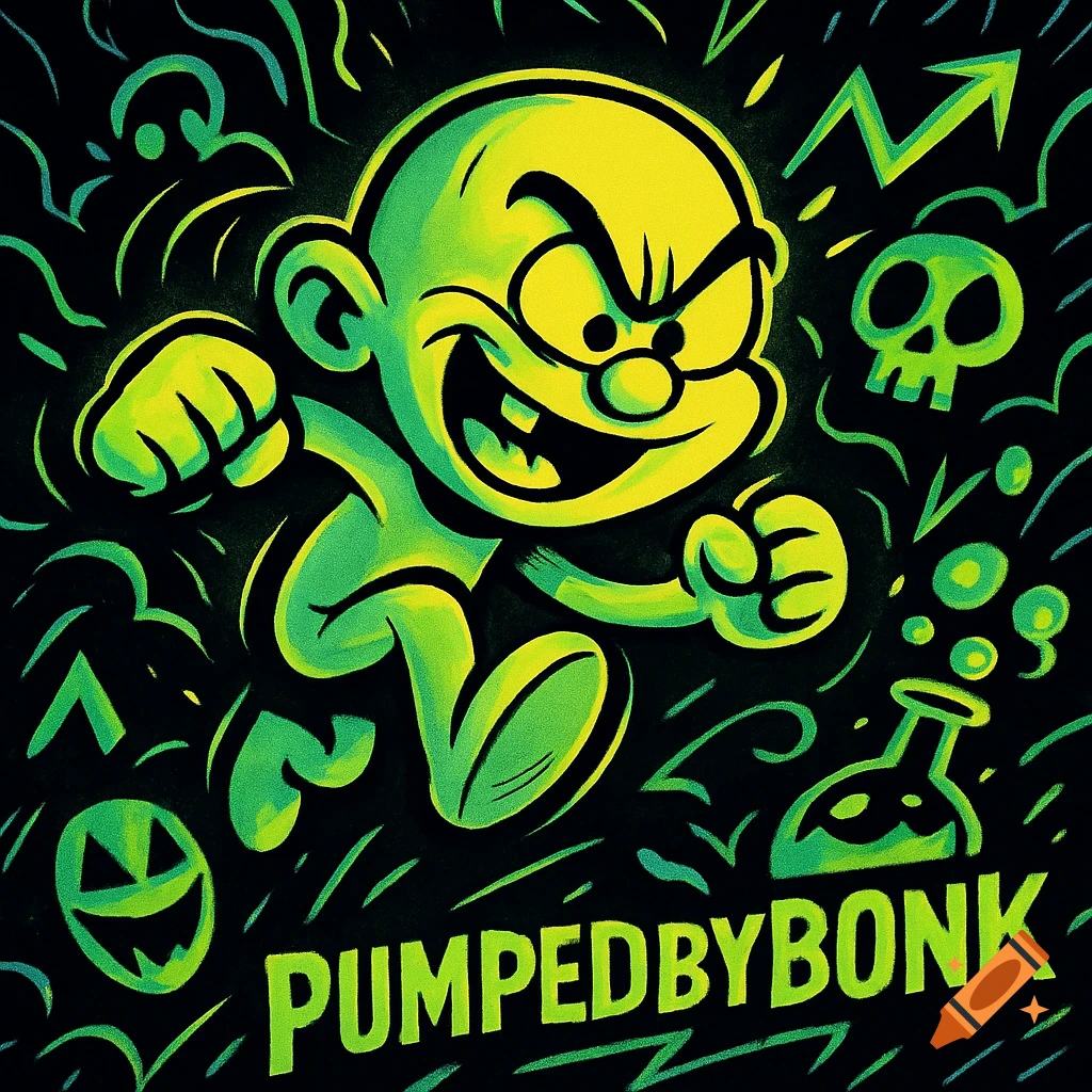 Mischievous neon green and yellow cartoon character running, grinning, surrounded by a skull, beaker, lightning, and 'PUMPEDBYBONK' text on a dark background.