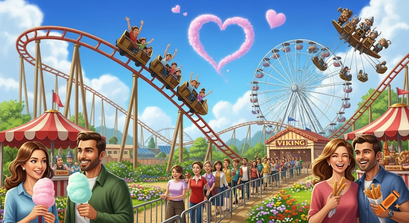 A bright, cheerful illustration of an amusement park with families enjoying rollercoasters and other rides, and couples eating cotton candy and churros.