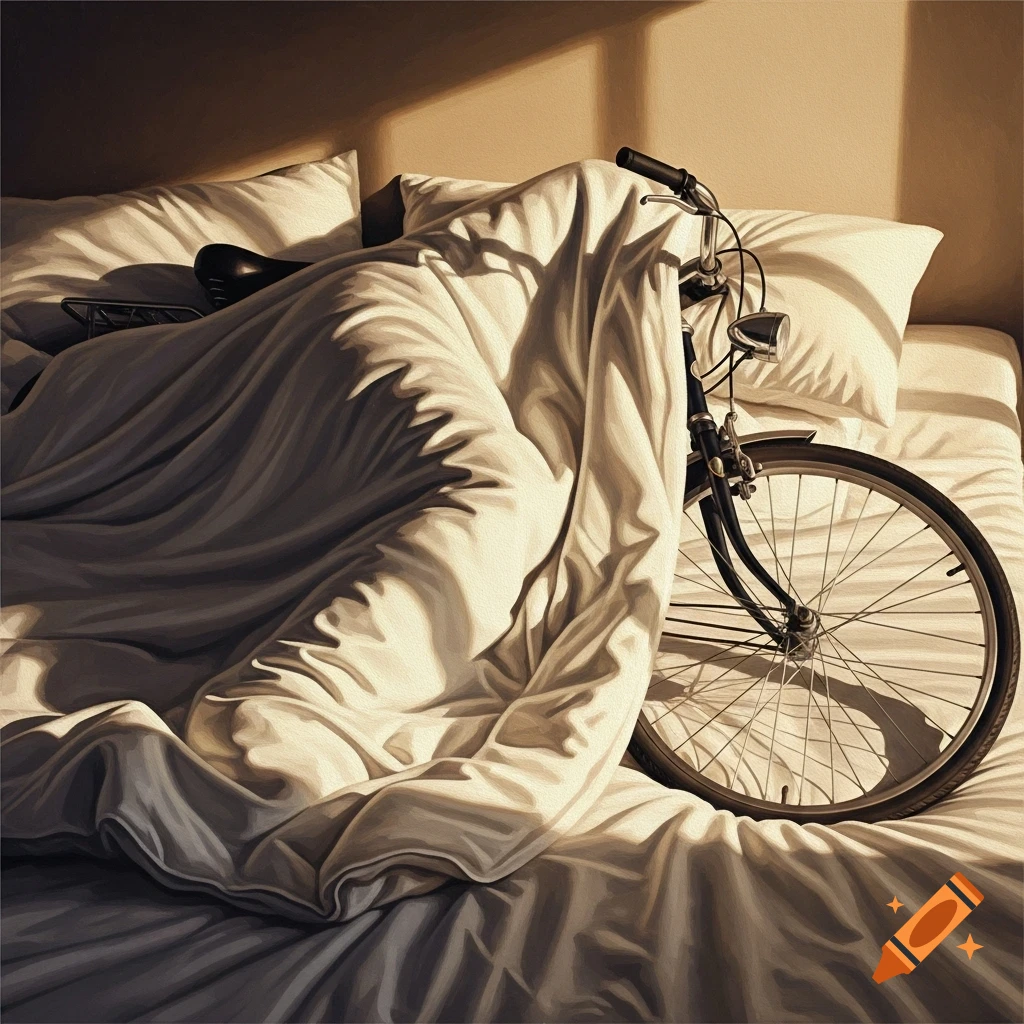 A stylized painting of a bicycle half-covered by a white duvet in a bed, with warm, painterly light.
