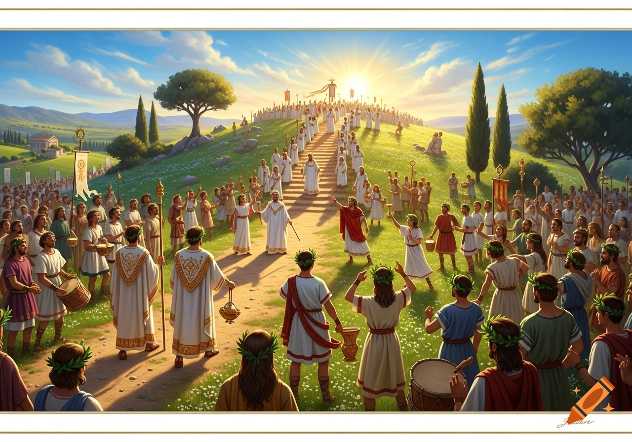 A large procession of people in ancient Roman attire ascends a sunny, grassy hill towards a bright light on the horizon, with onlookers gathered.